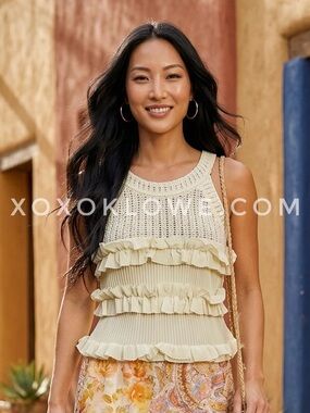 POL Cream Crochet Ruffle Tank Top | Sleeveless Scoop Neck Knit